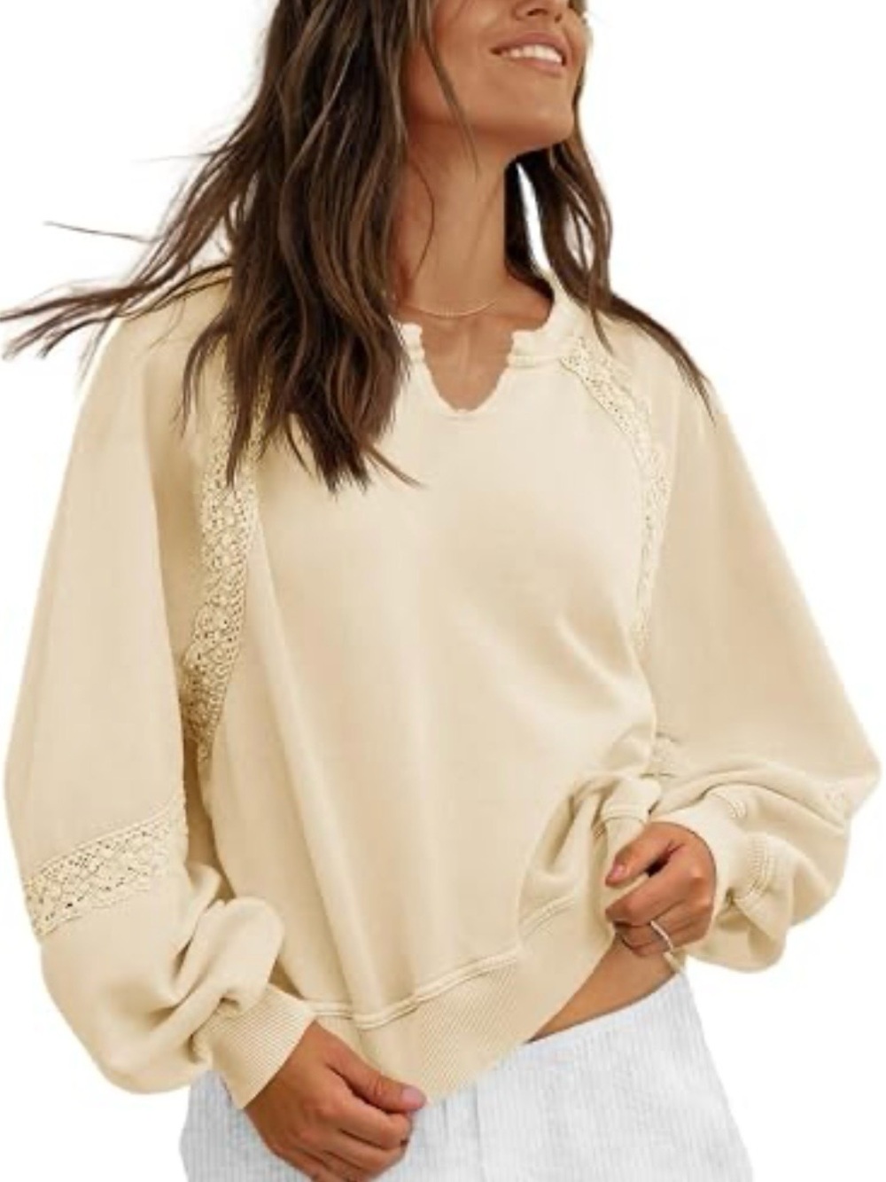 aerie Cream yellow Lace-Panel Scoop Pullover XL